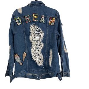 Custom Made Distressed Jean Jacket with Tribal Patches, Festival, Coachella